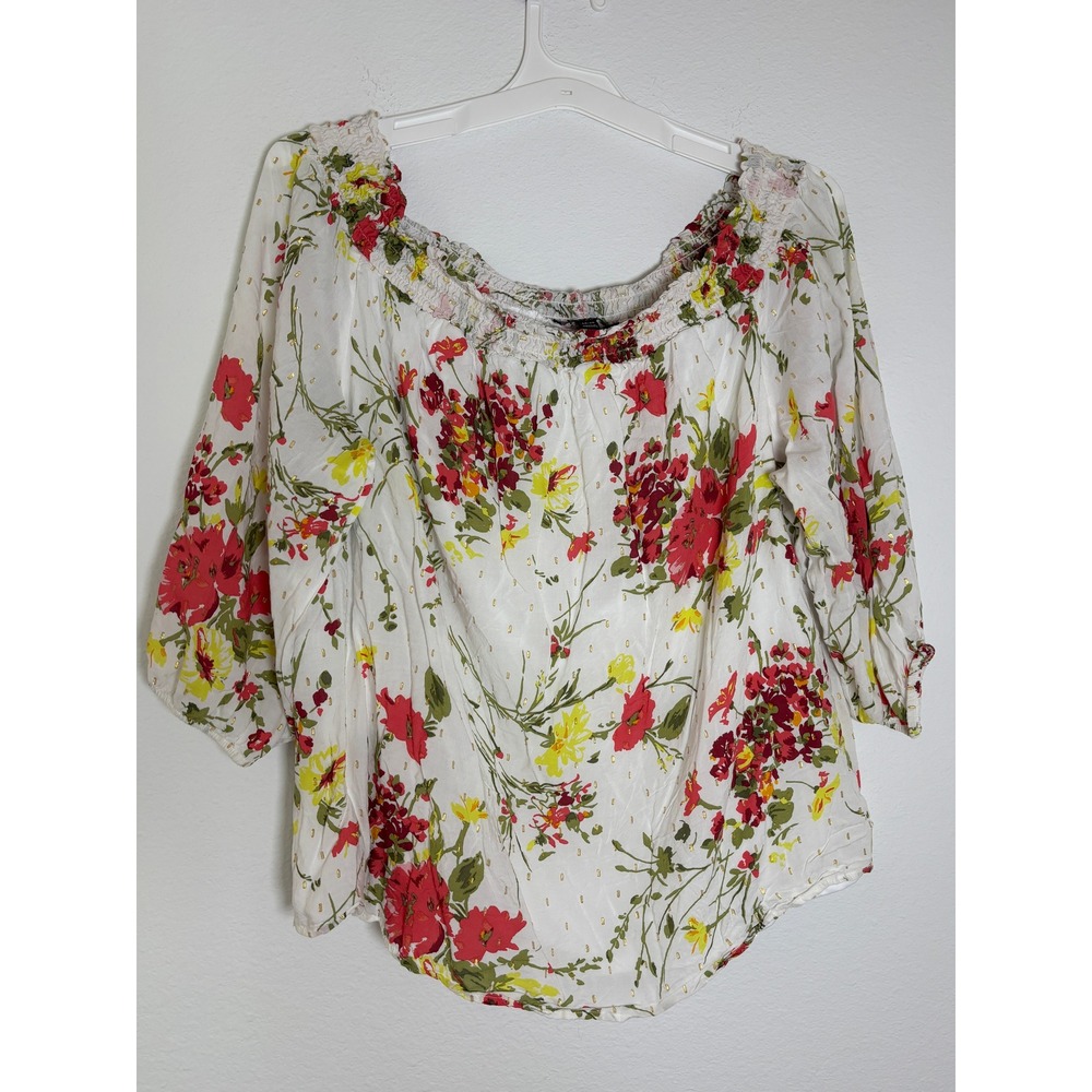 Lane Bryant Floral Off the Shoulder Blouse White Red Yellow Gold Metallic 18/20